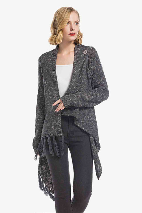 One-Button Tassel Tie Asymmetrical Hem Cardigan king-general-store-5710.myshopify.com