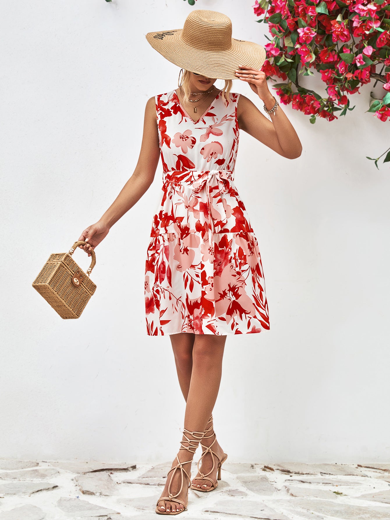 Floral V-Neck Tie Waist Sleeveless Dress king-general-store-5710.myshopify.com