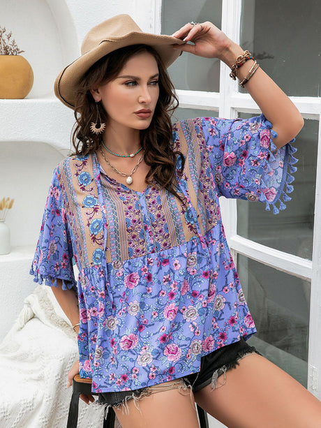 Plus Size Printed V-Neck Half Sleeve Blouse king-general-store-5710.myshopify.com