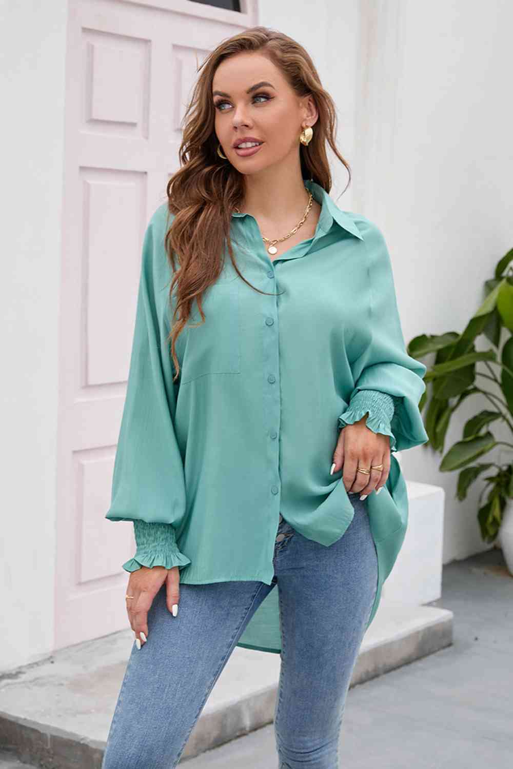 High-Low Collared Neck Lantern Sleeve Shirt king-general-store-5710.myshopify.com