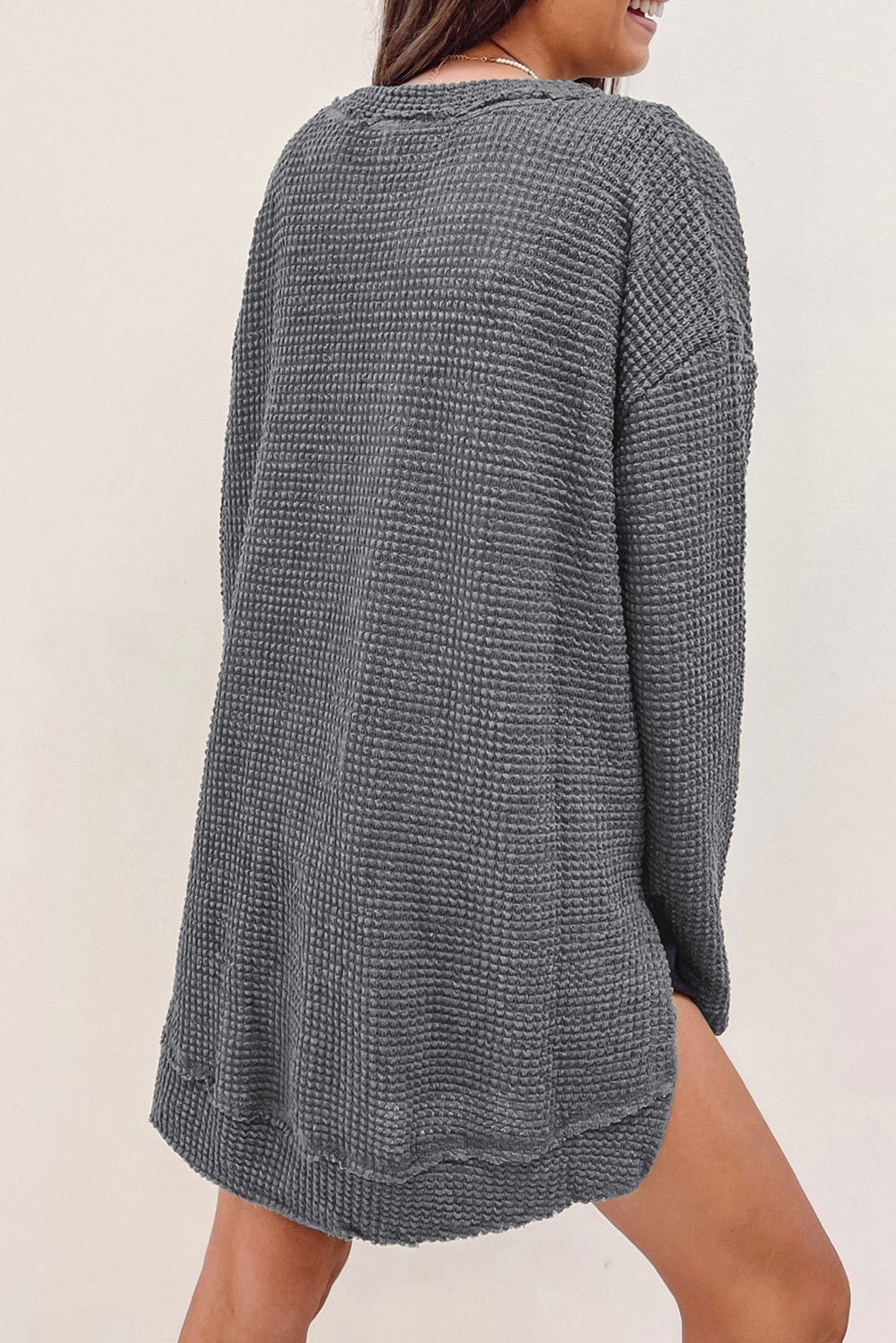 Waffle-Knit Round Neck Long Sleeve Sweatshirt king-general-store-5710.myshopify.com