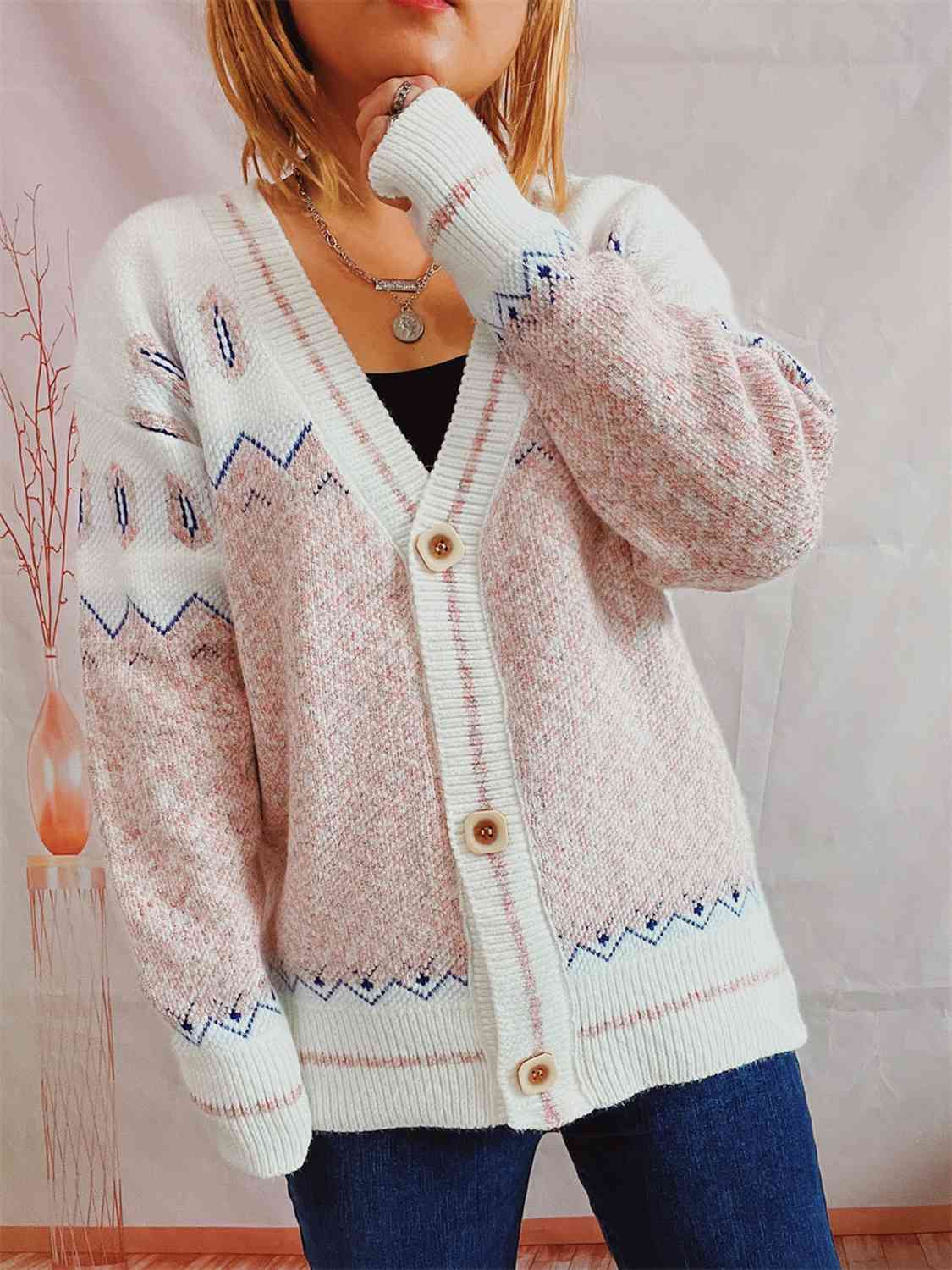 Geometric Button Front Long Sleeve Cardigan king-general-store-5710.myshopify.com