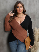 Plus Size Two-Tone Surplice Neck Sweater king-general-store-5710.myshopify.com