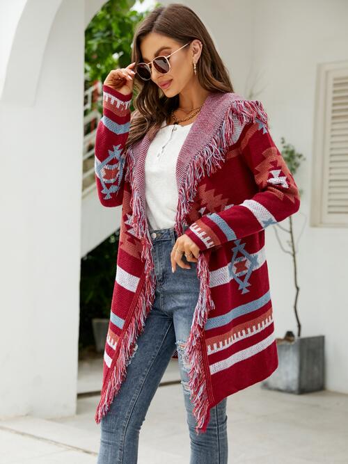 Fringe Geometric Hooded Long Sleeve Cardigan king-general-store-5710.myshopify.com