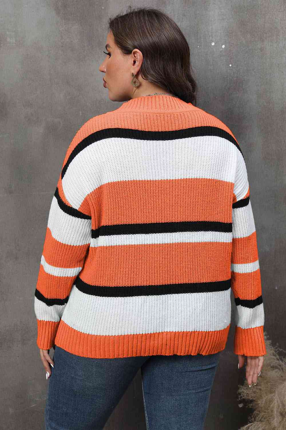 Plus Size Striped V-Neck Dropped Shoulder Sweater king-general-store-5710.myshopify.com