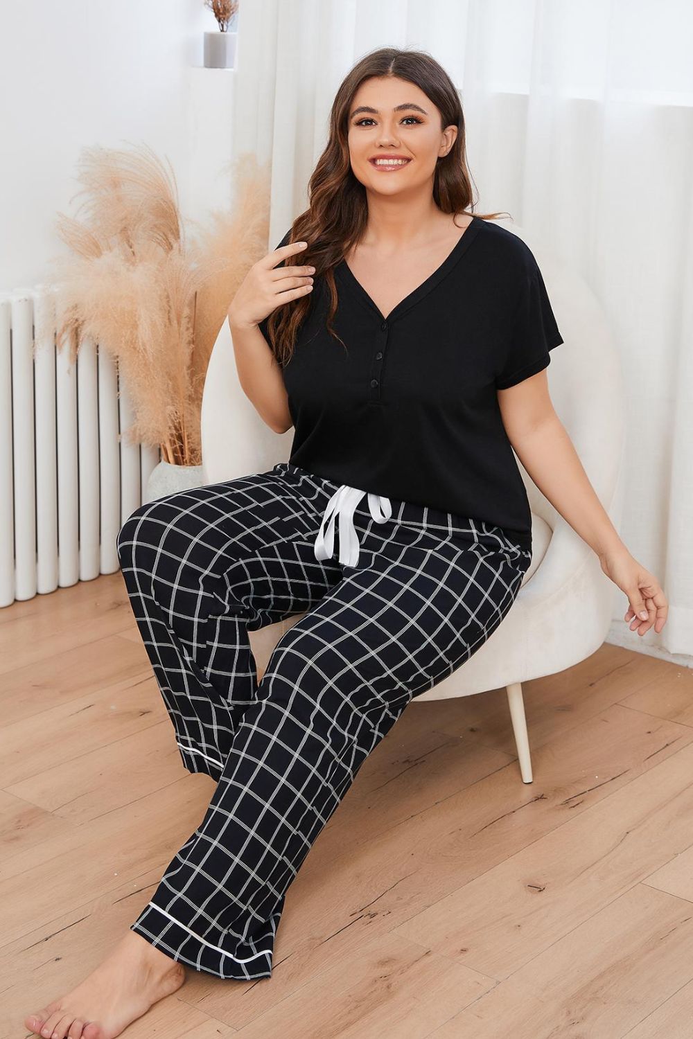 Plus Size V-Neck Top and Plaid Pants Lounge Set king-general-store-5710.myshopify.com