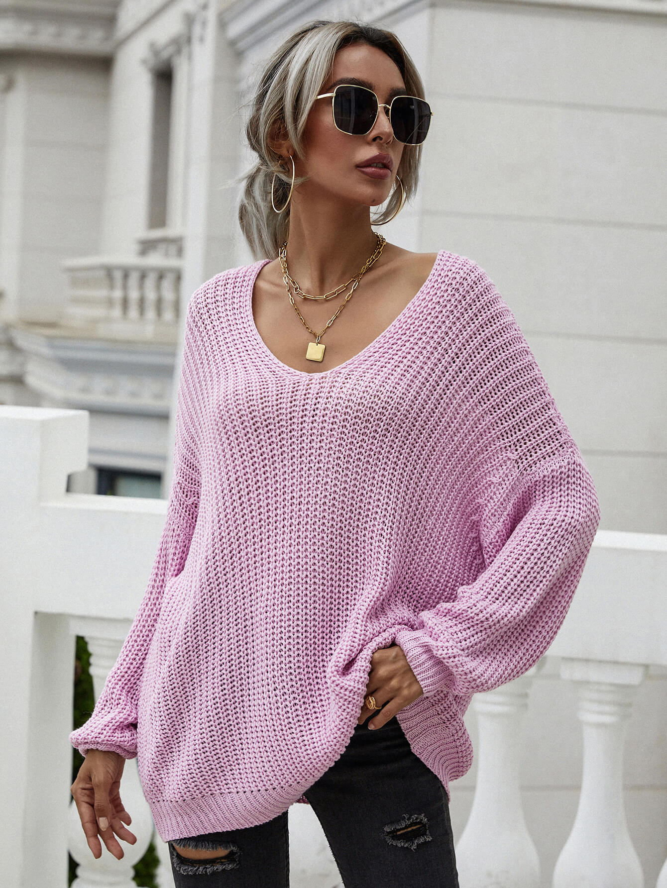 Rib-Knit Drop Shoulder V-Neck Pullover Sweater king-general-store-5710.myshopify.com