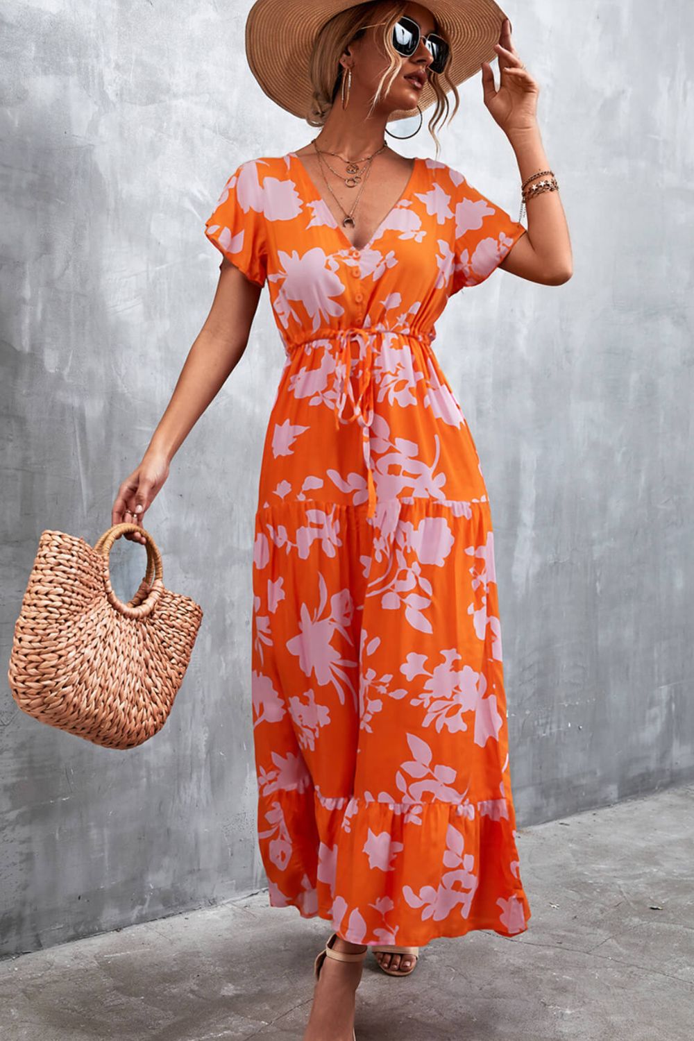 Floral Buttoned Drawstring Waist Tiered Dress king-general-store-5710.myshopify.com