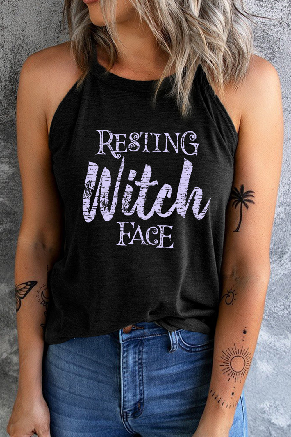 Round Neck RESTING WITCH FACE Graphic Tank Top king-general-store-5710.myshopify.com