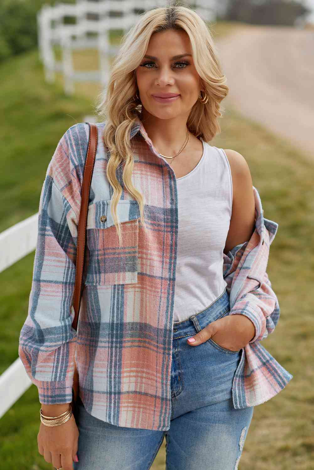 Double Take Plaid Dropped Shoulder Shacket king-general-store-5710.myshopify.com