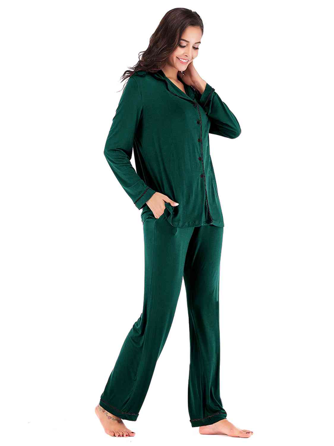 Collared Neck Long Sleeve Loungewear Set with Pockets king-general-store-5710.myshopify.com