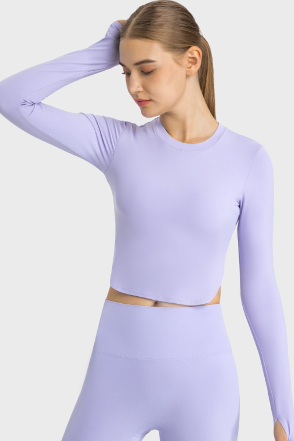 Side Slit Long Sleeve Round Neck Crop Top king-general-store-5710.myshopify.com