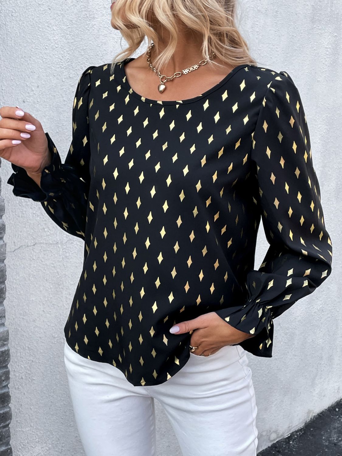 Printed Round Neck Flounce Sleeve Blouse king-general-store-5710.myshopify.com