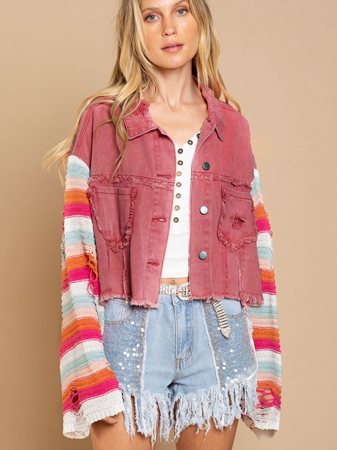 Distressed Striped Long Sleeve Denim Jacket king-general-store-5710.myshopify.com