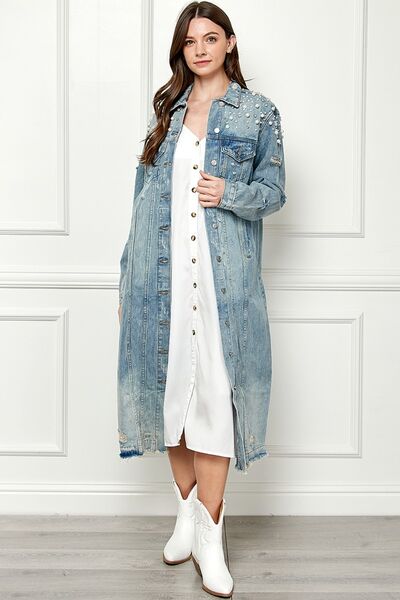 Veveret Full Size Distressed Raw Hem Pearl Detail Button Up Jacket king-general-store-5710.myshopify.com