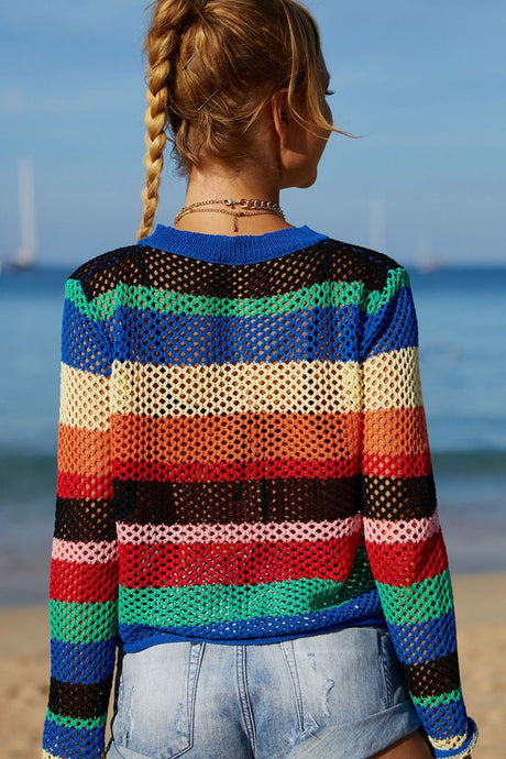 Rainbow Stripe Openwork Long Sleeve Cover-Up king-general-store-5710.myshopify.com