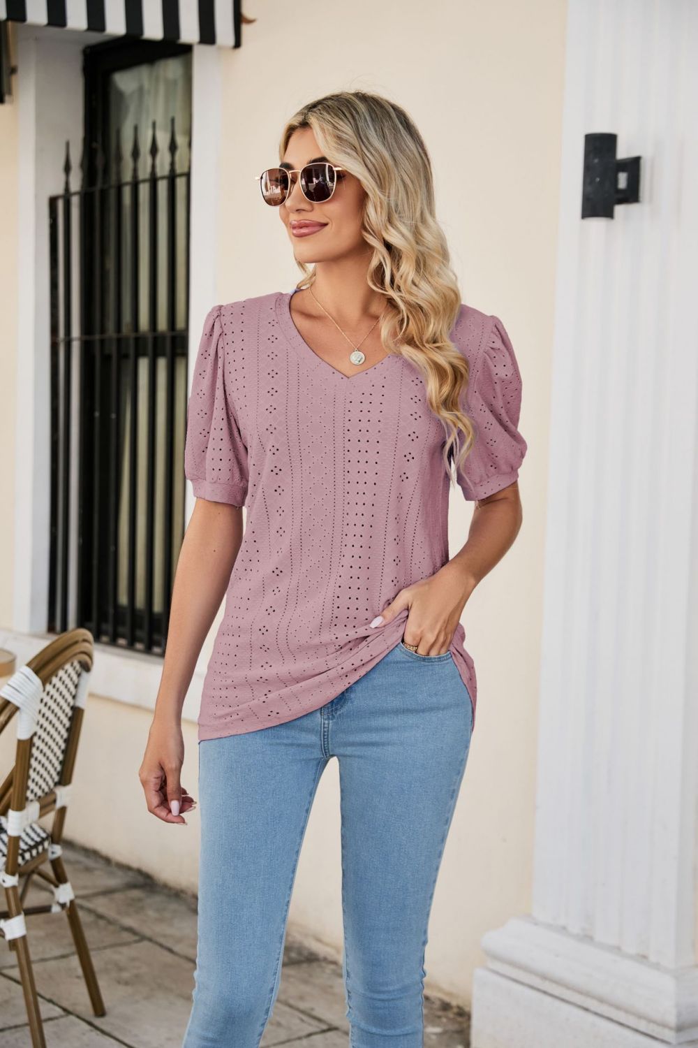 Eyelet Puff Sleeve V-Neck Top king-general-store-5710.myshopify.com