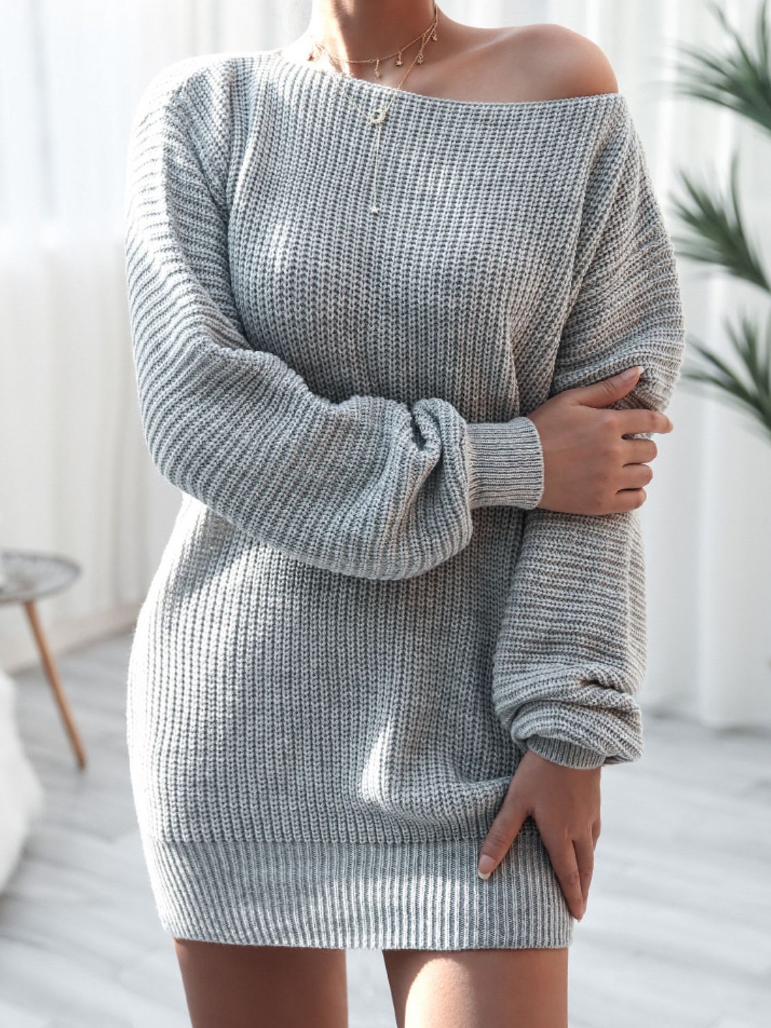 Rib-Knit Balloon Sleeve Boat Neck Sweater Dress king-general-store-5710.myshopify.com