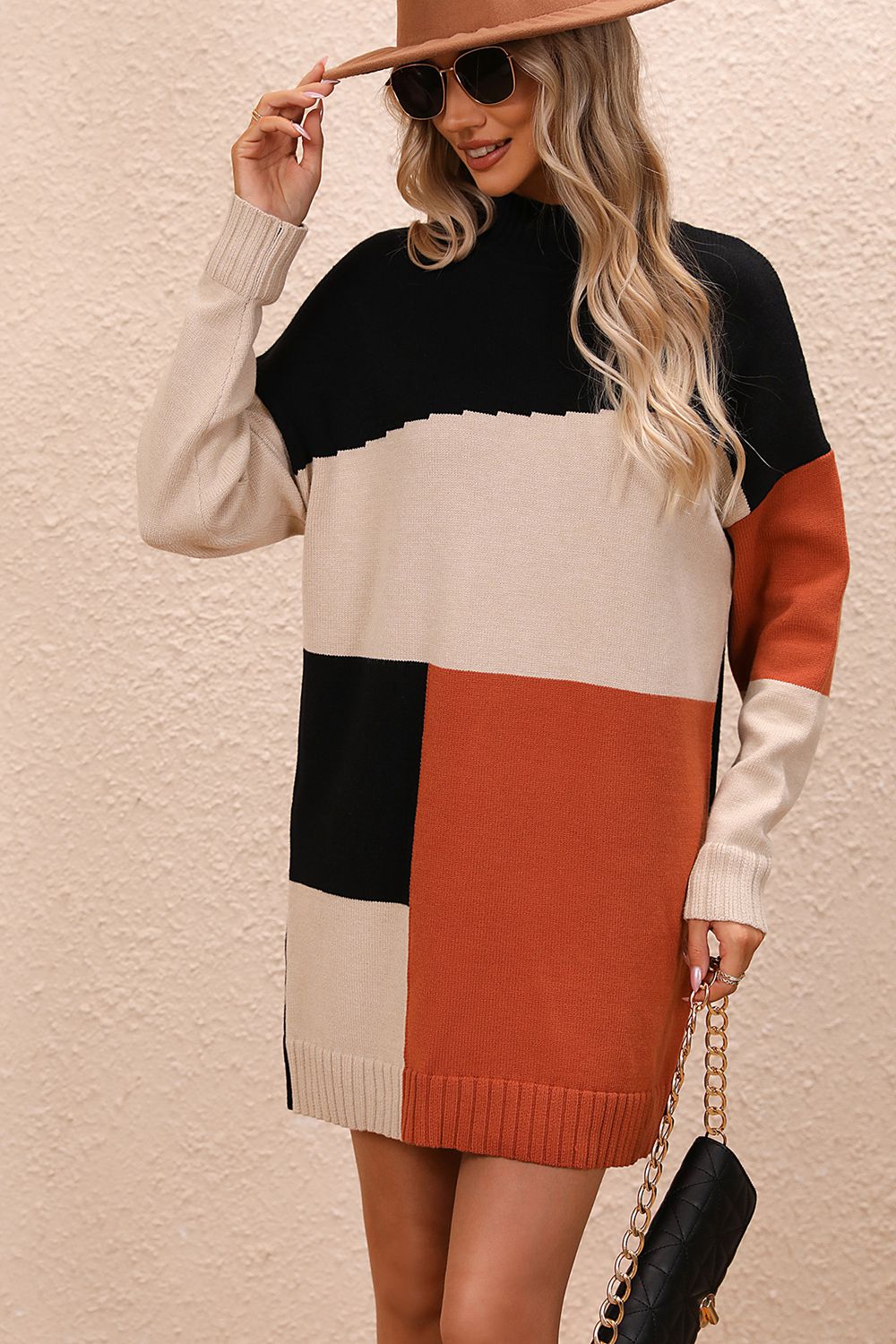 Color Block Mock Neck Dropped Shoulder Sweater Dress king-general-store-5710.myshopify.com