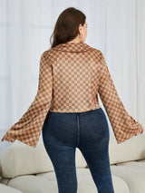 Plus Size Checkered Johnny Collar Flare Sleeve Shirt king-general-store-5710.myshopify.com