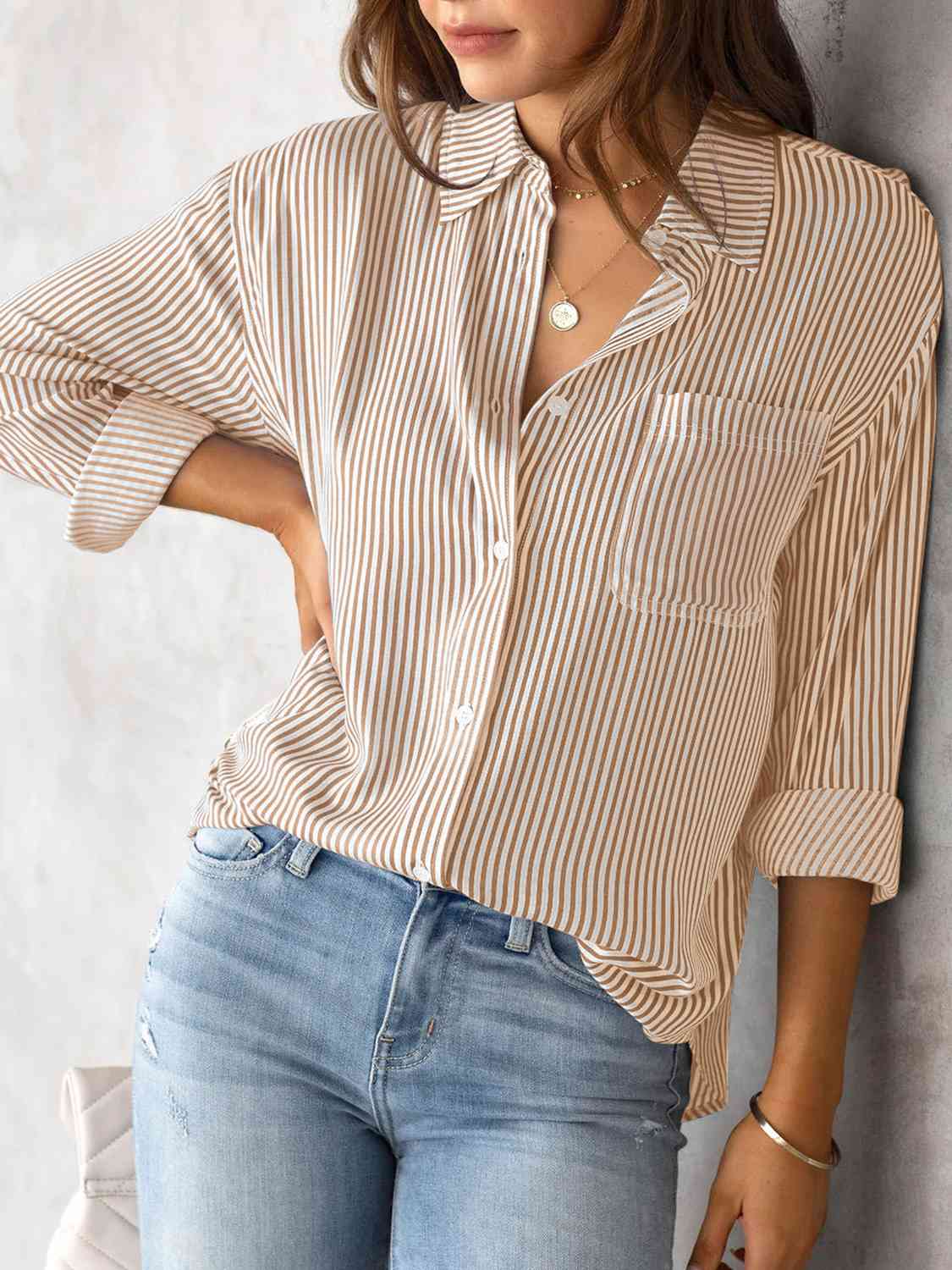 Striped Collared Neck Shirt with Pocket king-general-store-5710.myshopify.com