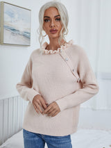 Button Detail Frill Neck Rib-Knit Sweater king-general-store-5710.myshopify.com