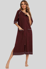 Zip Up Slit Round Neck Night Dress with Pockets king-general-store-5710.myshopify.com