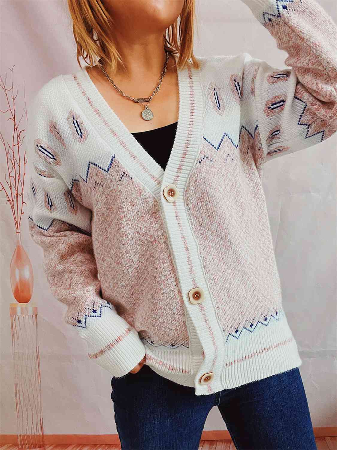 Geometric Button Front Long Sleeve Cardigan king-general-store-5710.myshopify.com