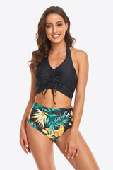 Botanical Print Halter Neck Drawstring Detail Bikini Set king-general-store-5710.myshopify.com