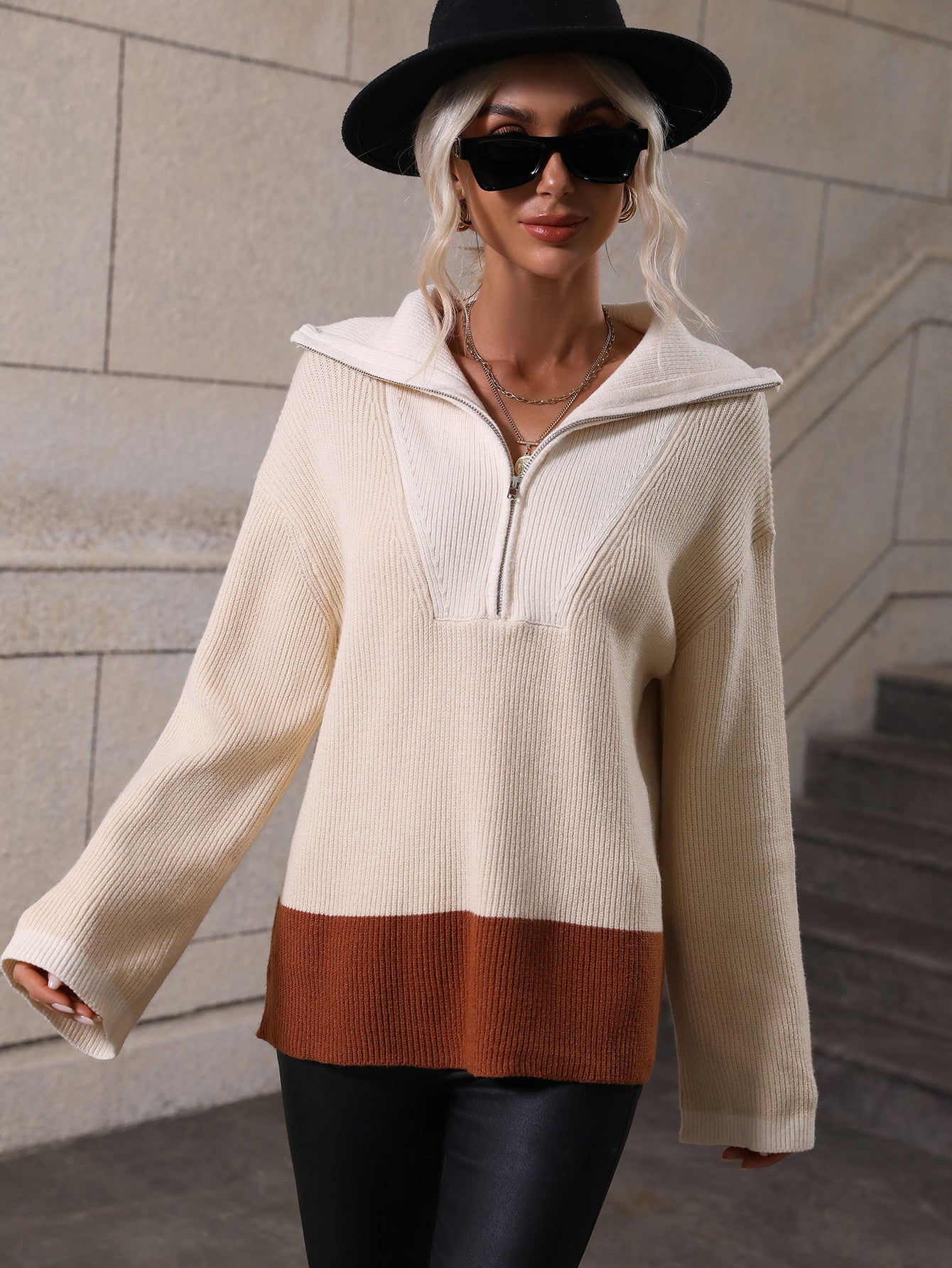 Double Take Color Block Half-Zip Dropped Shoulder Knit Pullover king-general-store-5710.myshopify.com