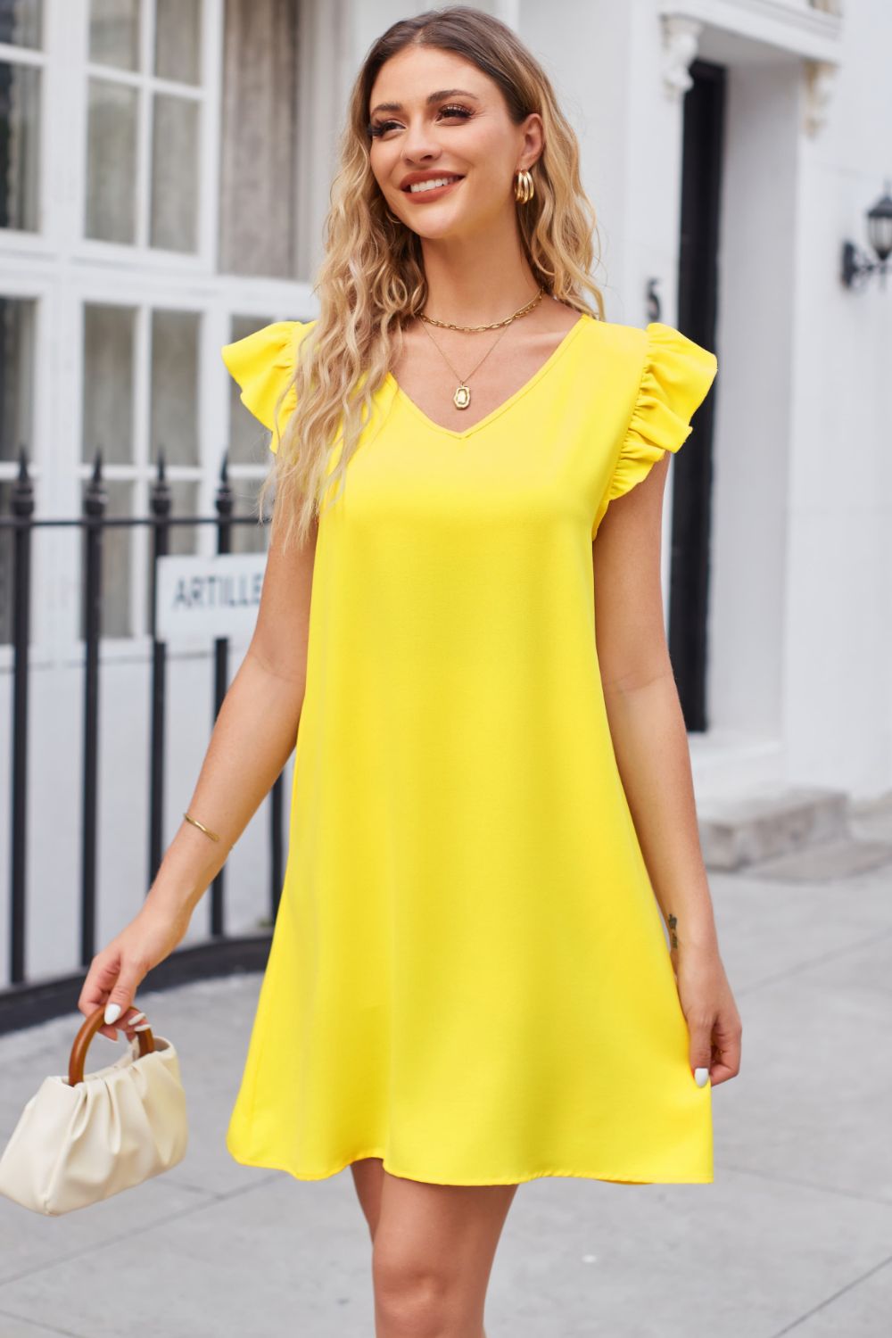 Ruffled V-Neck Flutter Sleeve Dress king-general-store-5710.myshopify.com