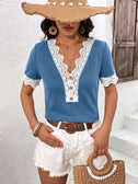 Decorative Button Spliced Lace Short Sleeve Top king-general-store-5710.myshopify.com