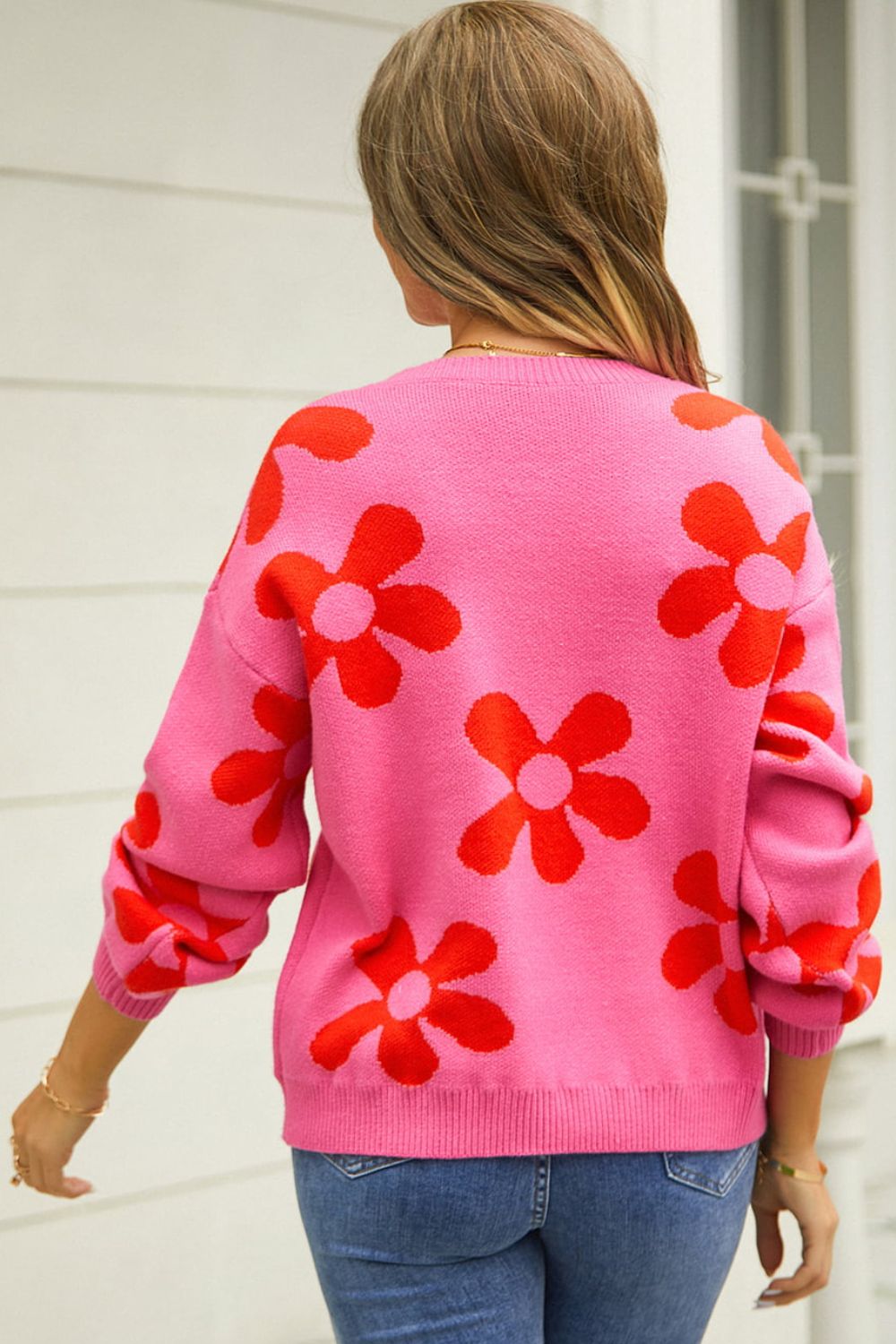 Floral Print Round Neck Dropped Shoulder Pullover Sweater king-general-store-5710.myshopify.com