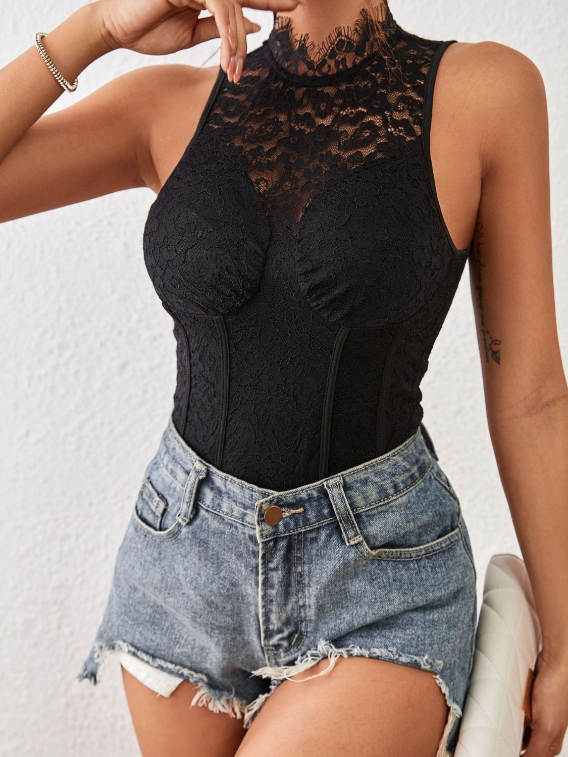 Mock Neck Sleeveless Lace Bodysuit king-general-store-5710.myshopify.com