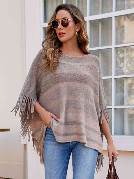 Striped Boat Neck Poncho with Fringes king-general-store-5710.myshopify.com