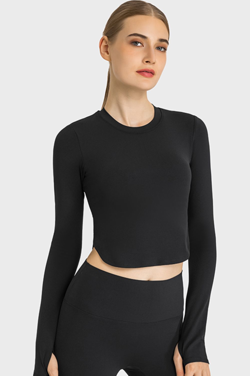 Side Slit Long Sleeve Round Neck Crop Top king-general-store-5710.myshopify.com