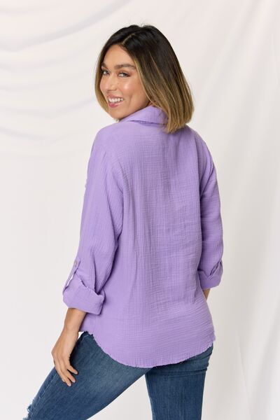 Zenana Texture Button Up Raw Hem Long Sleeve Shirt king-general-store-5710.myshopify.com