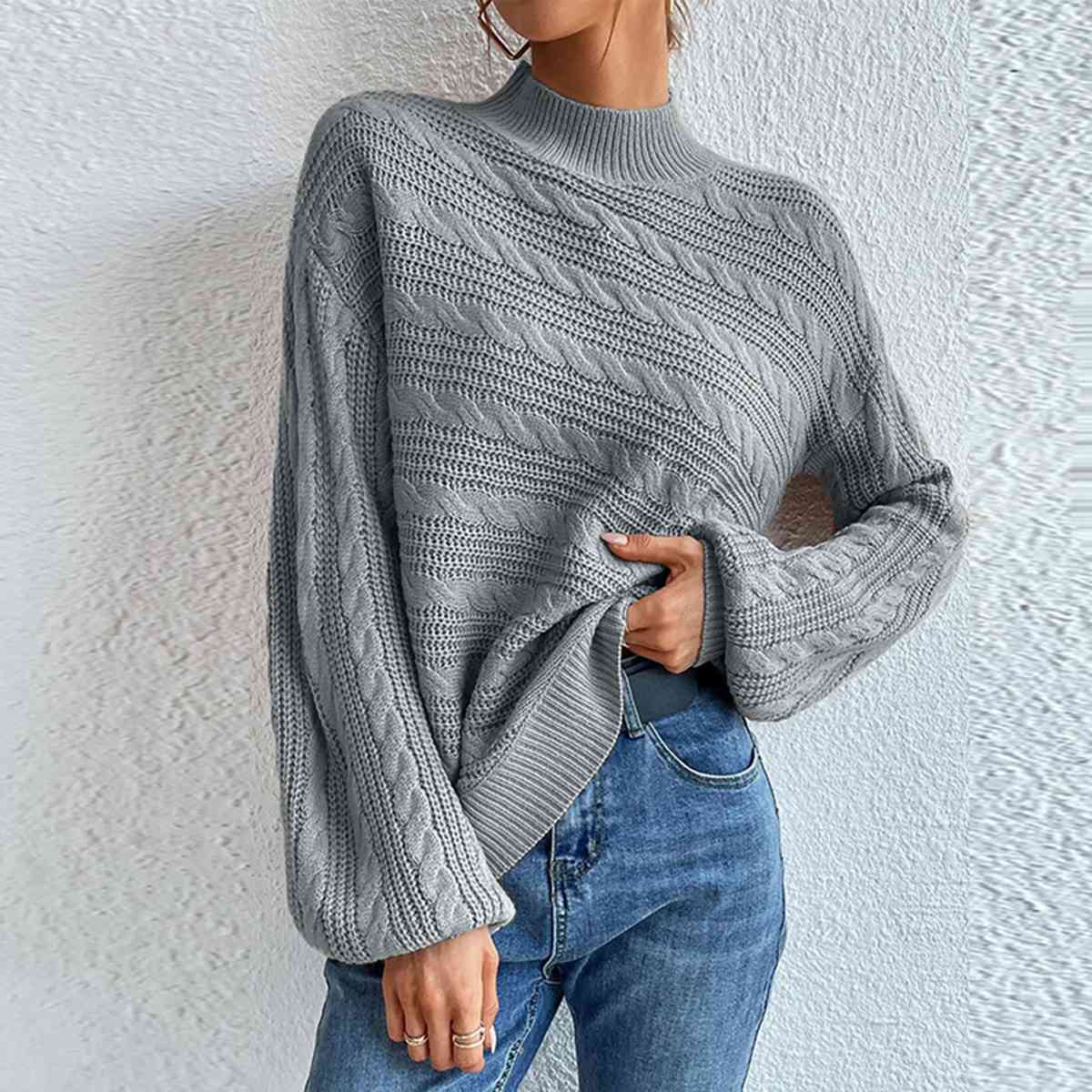 Cable-Knit Mock Neck  Long Sleeve Sweater king-general-store-5710.myshopify.com