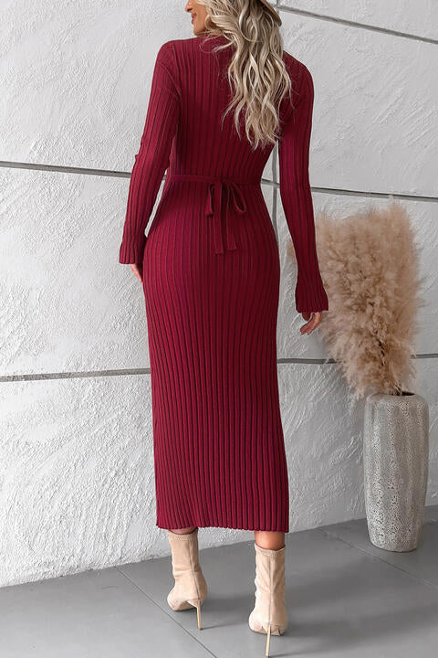 V-Neck Long Sleeve Ribbed Sweater Dress king-general-store-5710.myshopify.com