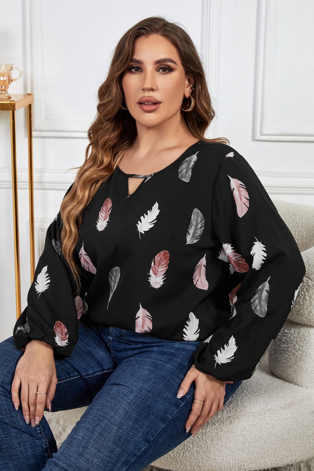 Plus Size Printed Round Neck Long Sleeve Cutout Blouse king-general-store-5710.myshopify.com