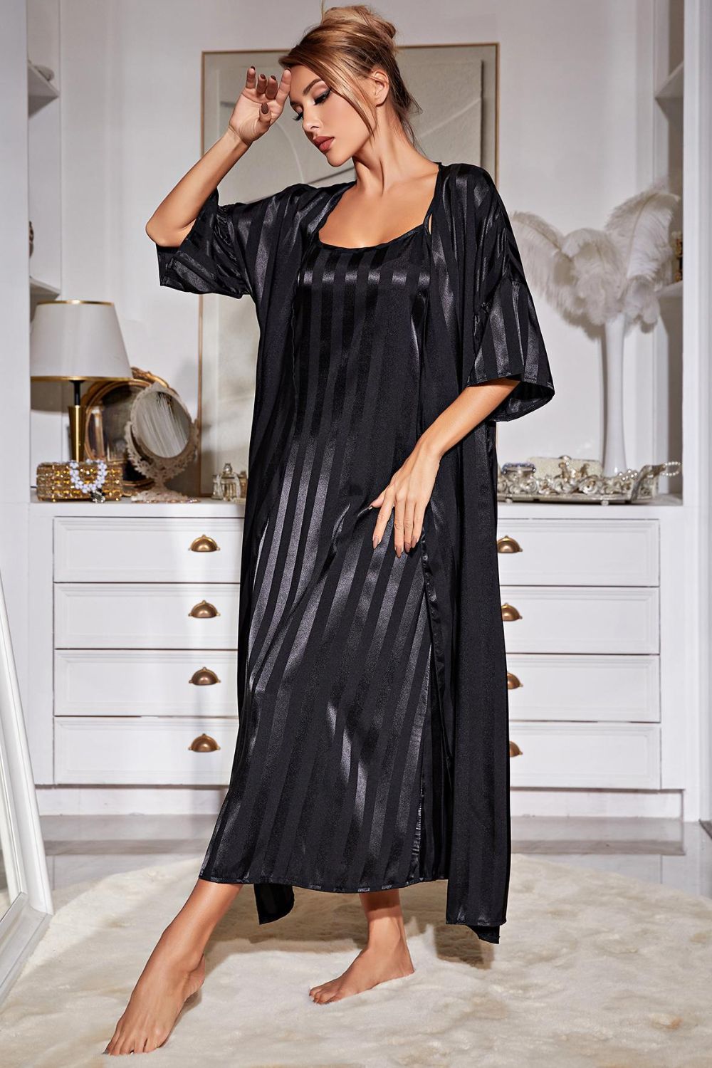 Striped Flounce Sleeve Open Front Robe and Cami Dress Set king-general-store-5710.myshopify.com