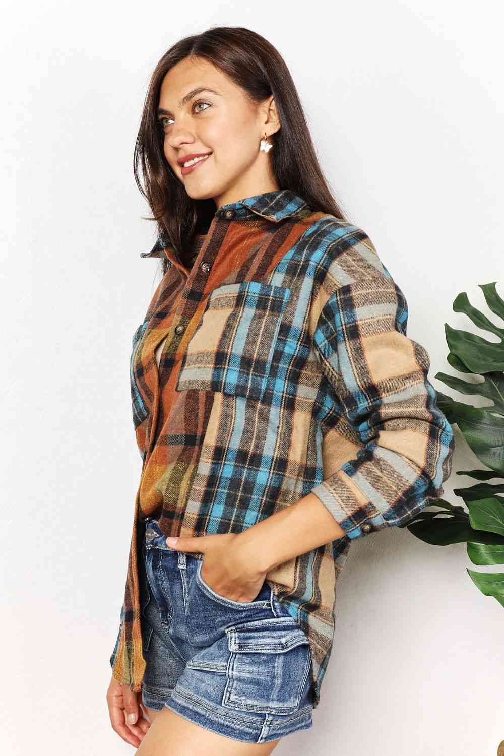 Double Take Plaid Curved Hem Shirt Jacket with Breast Pockets king-general-store-5710.myshopify.com