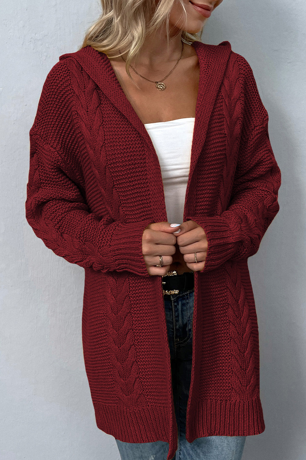 Cable-Knit Dropped Shoulder Hooded Cardigan king-general-store-5710.myshopify.com