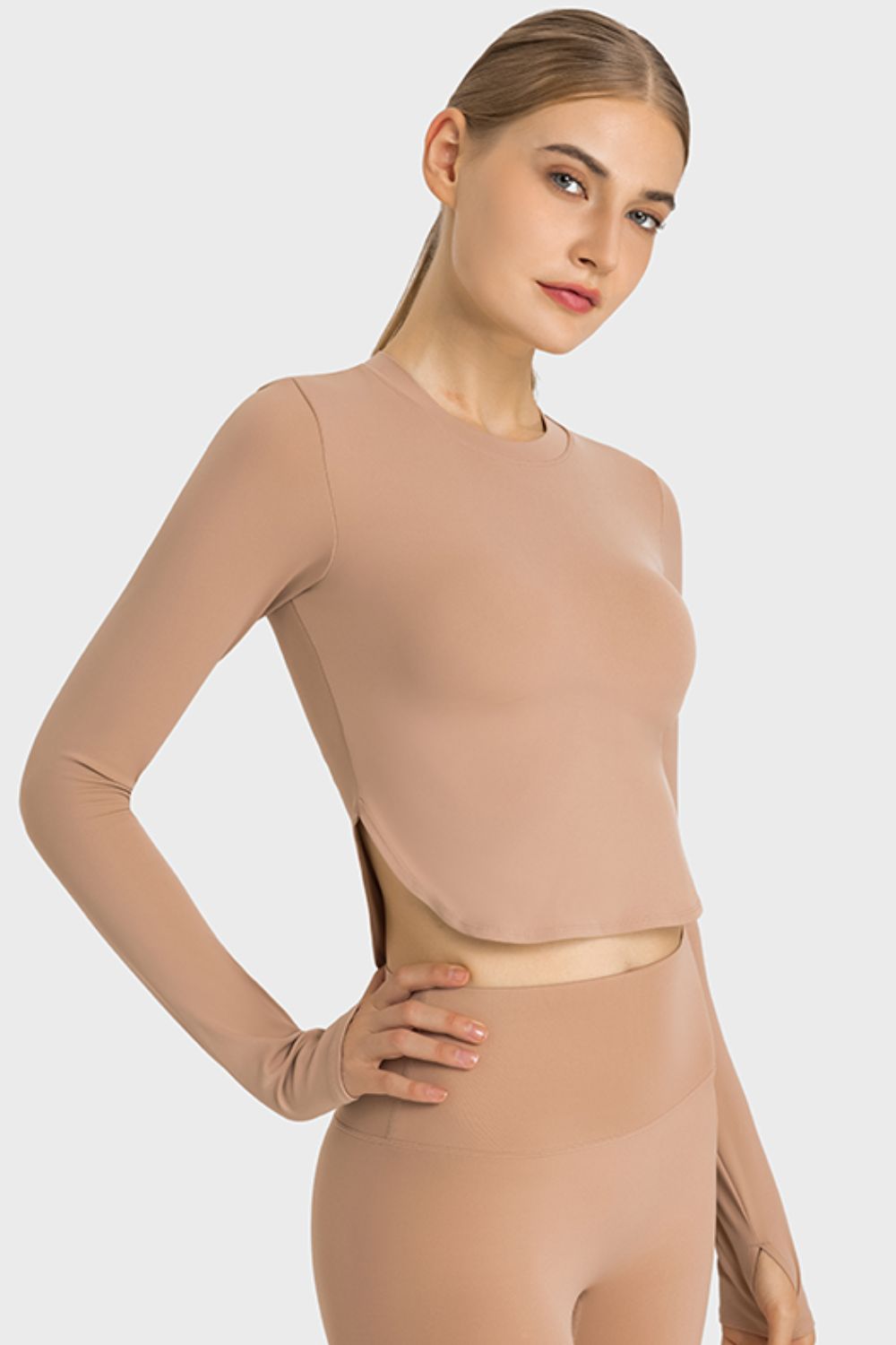 Side Slit Long Sleeve Round Neck Crop Top king-general-store-5710.myshopify.com