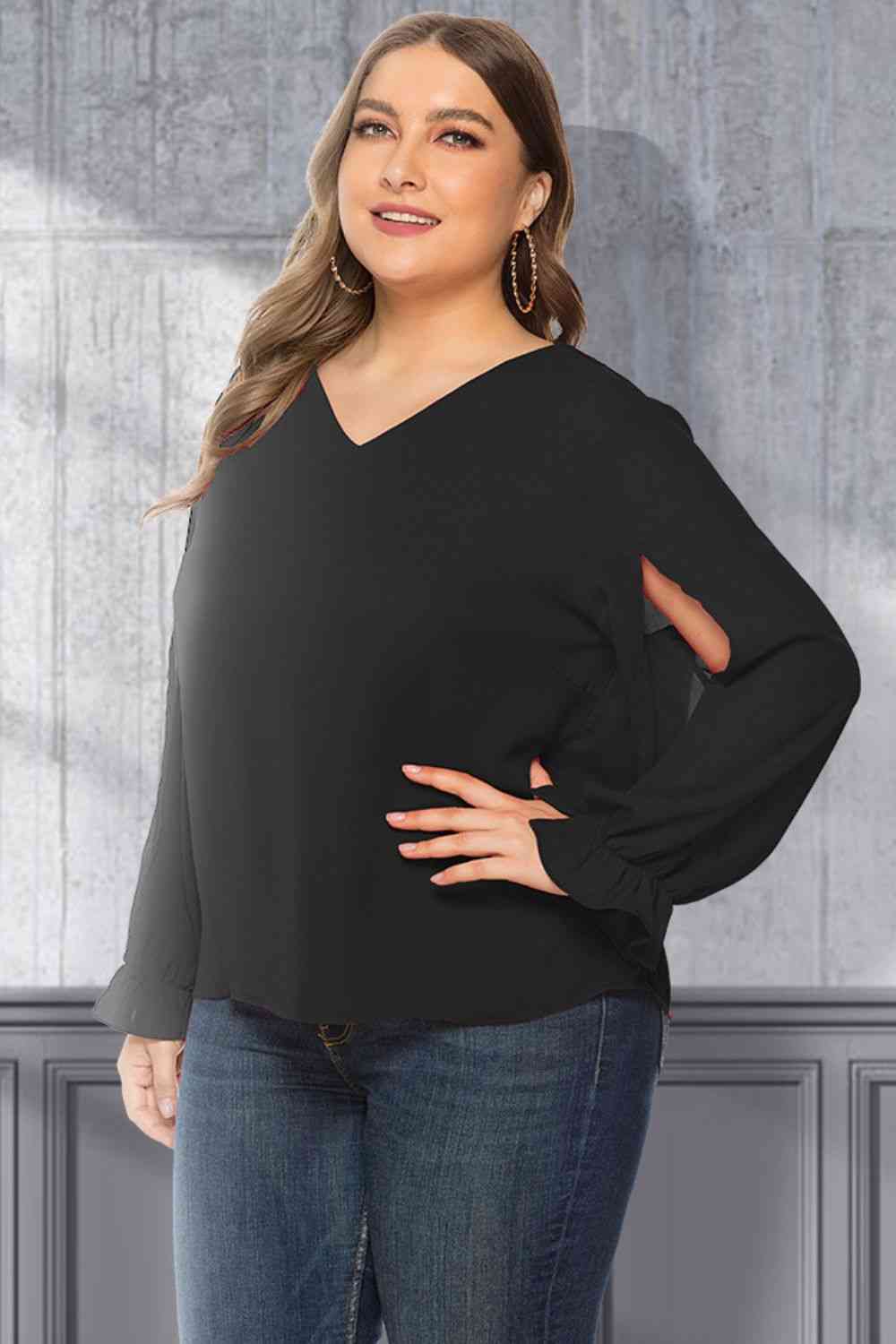 Plus Size Cutout Flounce Sleeve Blouse king-general-store-5710.myshopify.com