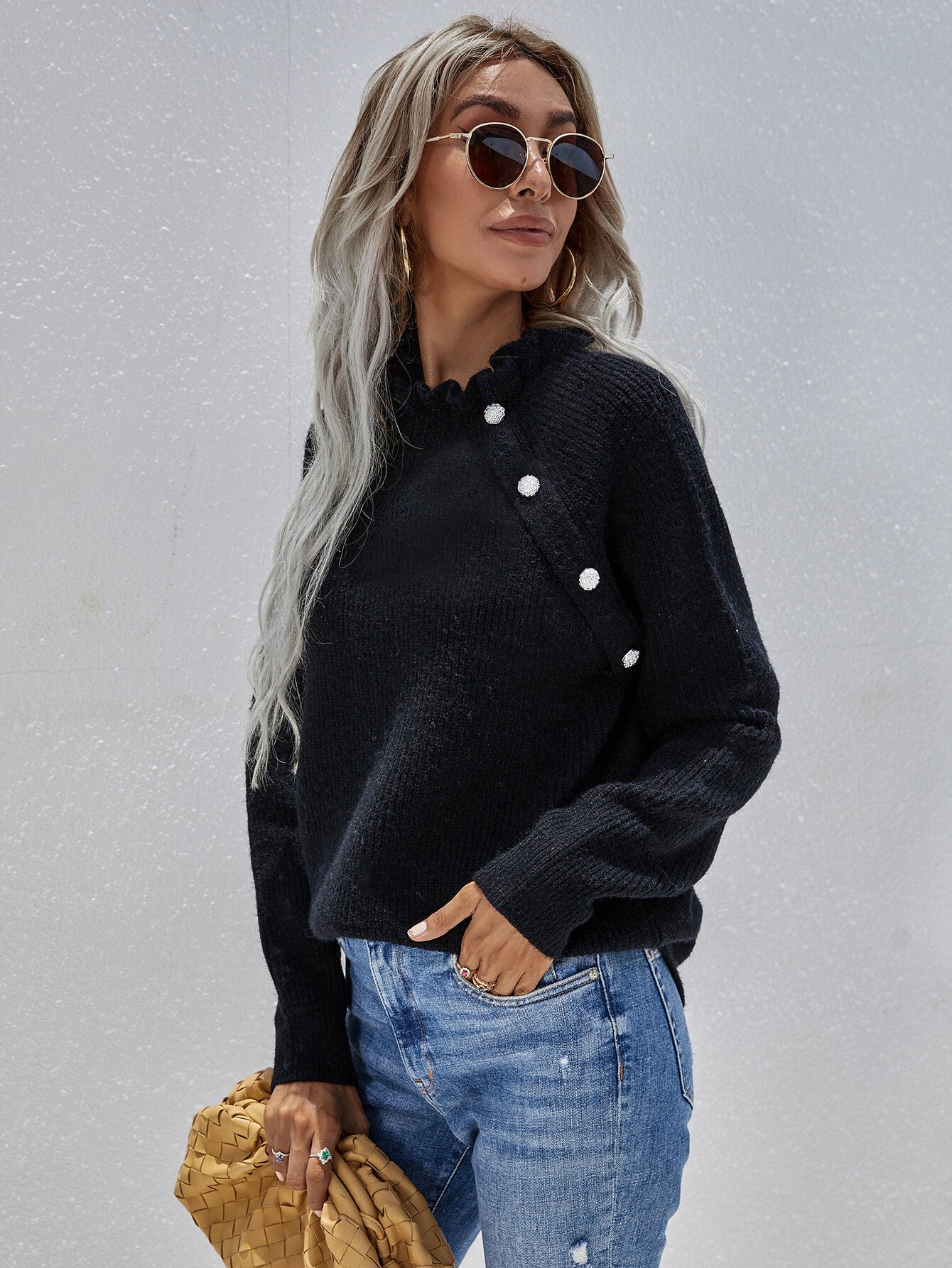 Button Detail Frill Neck Rib-Knit Sweater king-general-store-5710.myshopify.com