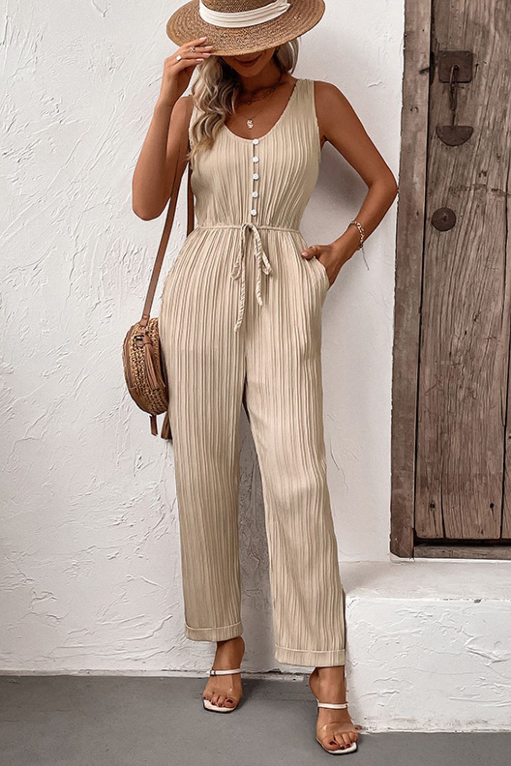 Textured Sleeveless Jumpsuit with Pockets king-general-store-5710.myshopify.com