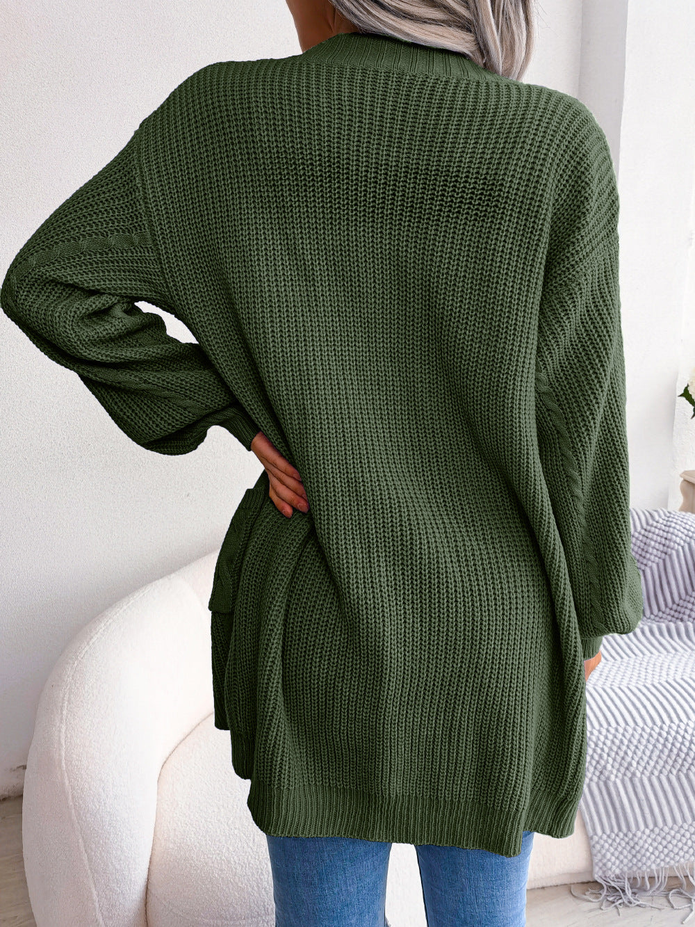 Cable-Knit Open Front Pocketed Cardigan king-general-store-5710.myshopify.com