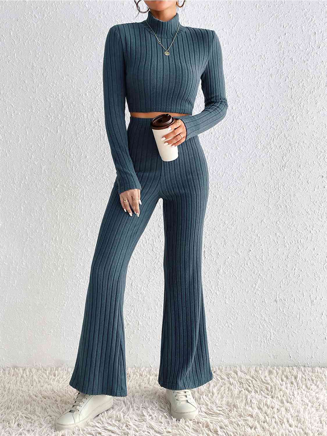 Ribbed Mock Neck Cropped Sweater & High Waist Pants Set king-general-store-5710.myshopify.com