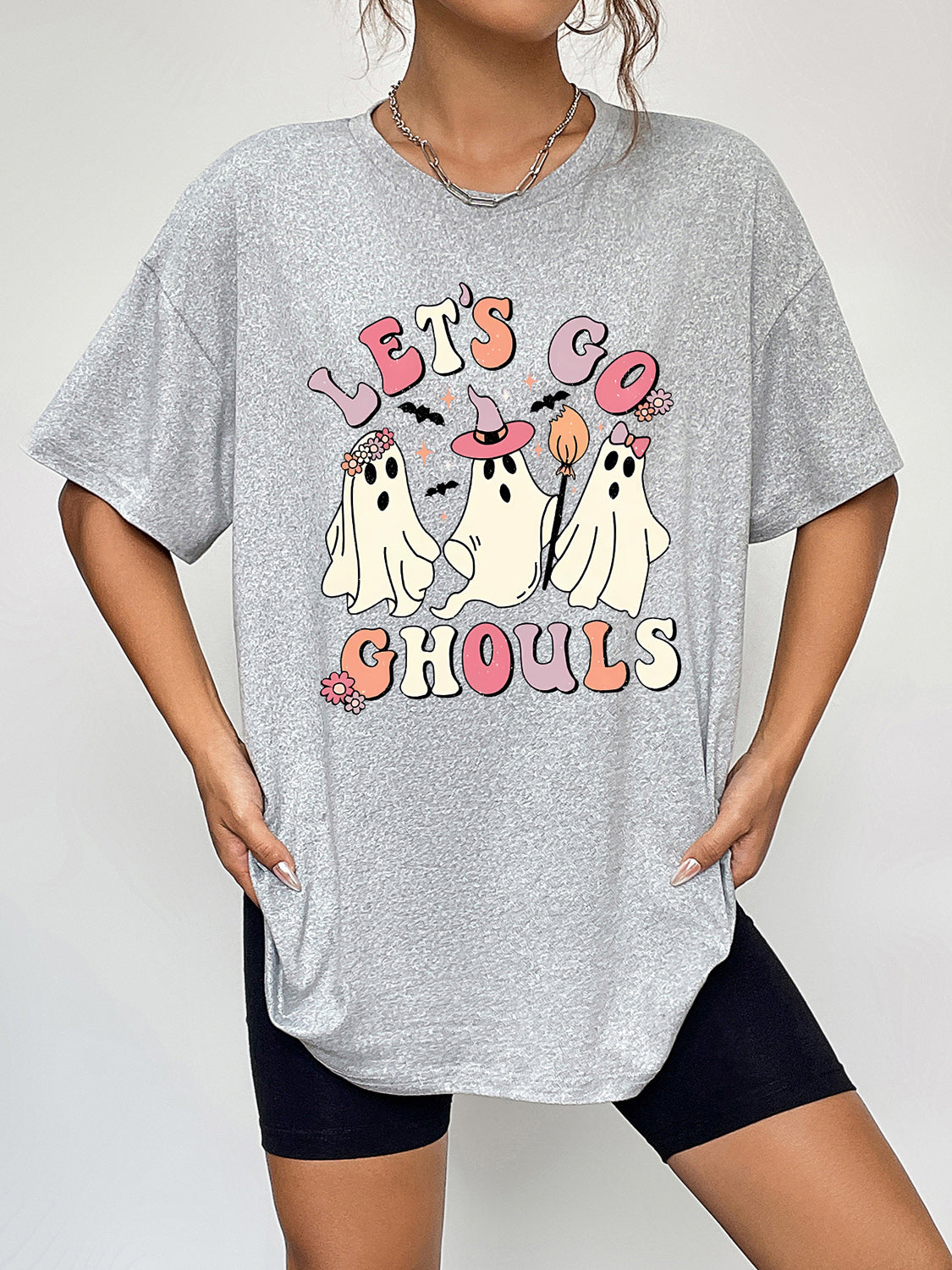 Round Neck Short Sleeve LET'S GO GHOULS Graphic T-Shirt king-general-store-5710.myshopify.com